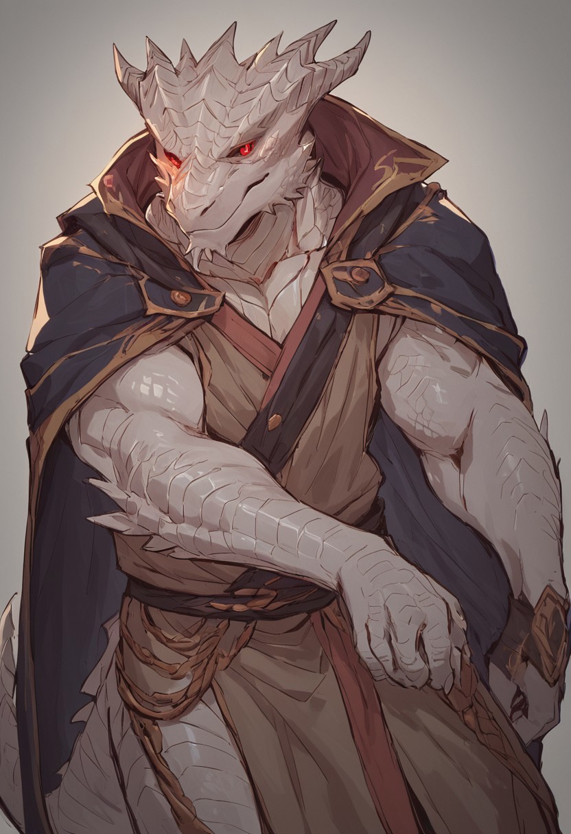 score_9, score_8_up, score_7_up, score_6_up, score_5_up, score_4_up, masterpiece, high quality,The dark urge, scalie, reptile, dragonborn , male, mature male,male anthro dragon, white body, detailed eyes,red schlera, red eyes, beefy,scales, dragon tail, horns, masculine, bodybuilder, white_scales,furry, dragonborn,glowing eyes,fully clothed,[e621] Lunarii Style