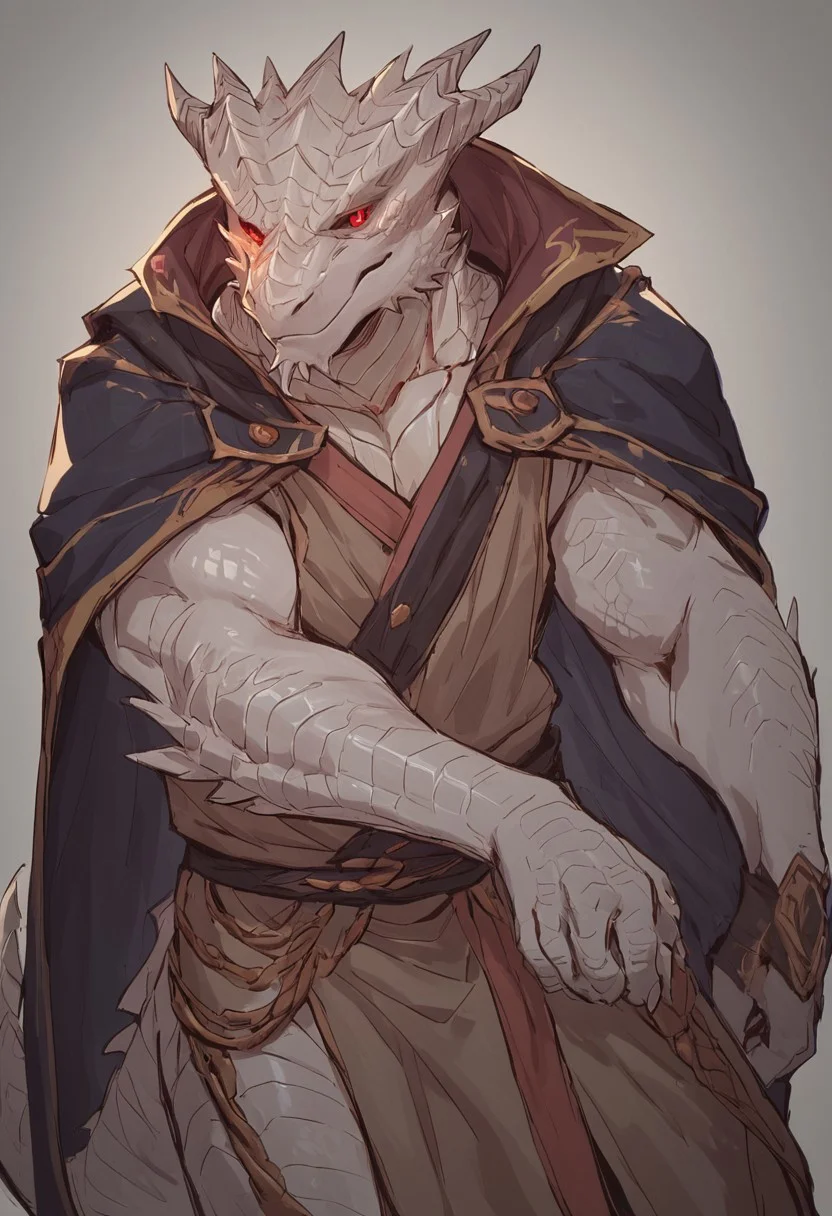 score_9, score_8_up, score_7_up, score_6_up, score_5_up, score_4_up, masterpiece, high quality,The dark urge, scalie, reptile, dragonborn , male, mature male,male anthro dragon, white body, detailed eyes,red schlera, red eyes, beefy,scales, dragon tail, horns, masculine, bodybuilder, white_scales,furry, dragonborn,glowing eyes,fully clothed,[e621] Lunarii Style