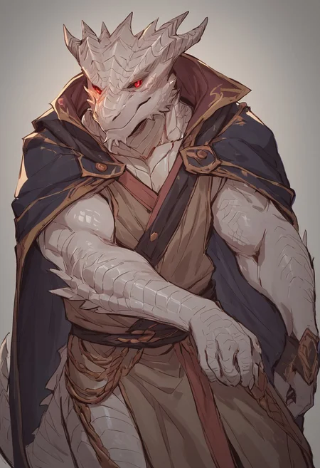 score_9, score_8_up, score_7_up, score_6_up, score_5_up, score_4_up, masterpiece, high quality,The dark urge, scalie, reptile, dragonborn , male, mature male,male anthro dragon, white body, detailed eyes,red schlera, red eyes, beefy,scales, dragon tail, horns, masculine, bodybuilder, white_scales,furry, dragonborn,glowing eyes,fully clothed,[e621] Lunarii Style