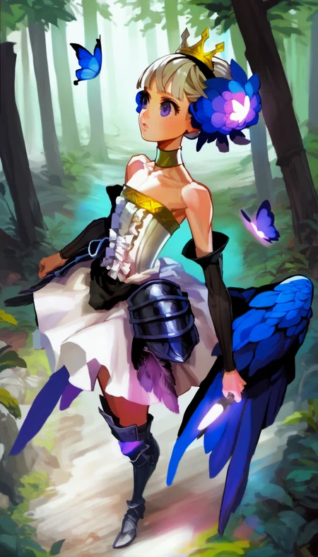 score_9,score_8_up,score_7_up,
<lora:vanillaStyle3:0.9>,
vanillastyle,
gwendolyn,
1girl,solo,white hair,blunt bangs,hair bun,updo,
purple eyes,looking up,
parted lips,
crown,black hairband with blue and black feather hair clip,white corset dress,bare shoulders,black detached sleeves,white vambrace,blue and purple wings,black armor skirt,purple and silver armor thigh boots,
full body,standing,from above,
outdoors,forest,lights particle,glowing purple butterfly,