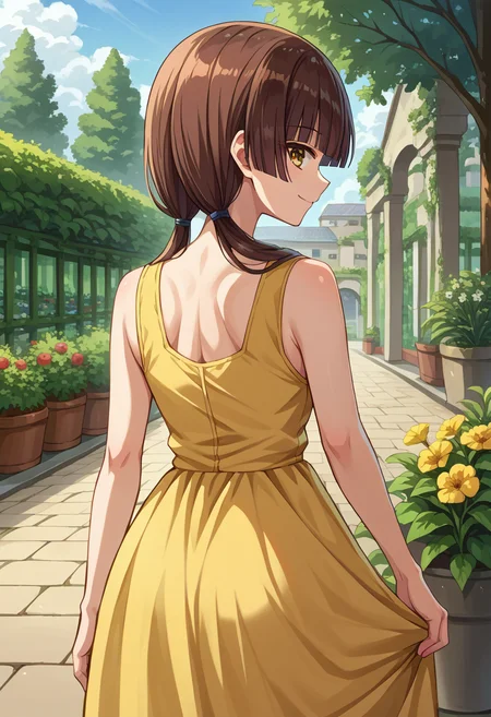 score_9, score_8_up, source_anime, 1girl, solo, HarumiTaniguchi, yellow eyes, brown hair, long hair, low twintails, blunt bangs, blunt ends, from behind, yellow sundress, garden, day, sunshine, smile, looking back, <lora:ChamHarumiTaniguchiPonyXL:1>