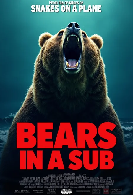A Hollywood movie poster, featuring an angry bear roaring, bear focus, looking up, deep blue ocean background, upper text saying "From the creators of Snakes on a Plane",
Bottom text, Massive heading, bold red text headline, movie title, "BEARS IN A SUB"
universal logo bottom right, parental guidance logo, blurry actor names bottom,