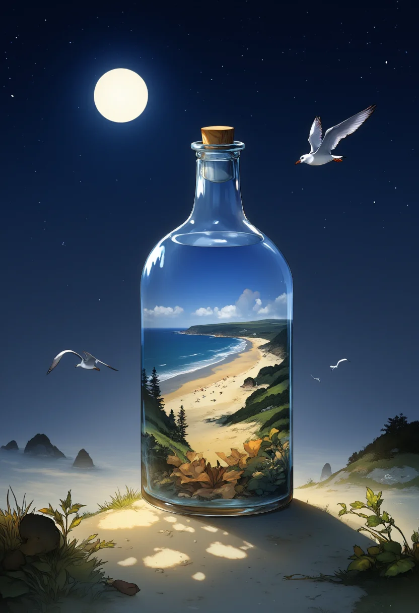 digital illustration of a bottle filled with a Normandy beach landscape, on a starry night with a full moon. The landscape is visible and perfectly clear through the glass, and blurred with a bokeh around the glass. a few seagulls are flying over the beach.
