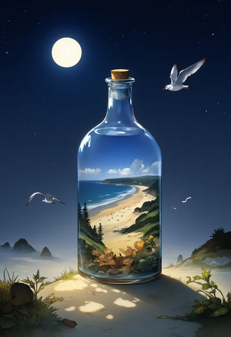 digital illustration of a bottle filled with a Normandy beach landscape, on a starry night with a full moon. The landscape is visible and perfectly clear through the glass, and blurred with a bokeh around the glass. a few seagulls are flying over the beach.