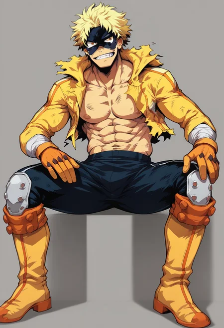 , score_9, score_8_up, score_7_up, masterpiece, , line art, anime,, detailed, <lora:Expressive_H:0.45> Expressiveh, , Taishiro_Toyomitsu, male, mask, yellow jacket, track pants, boots, arm wraps, torn clothing, open jacket, knee pads, gloves