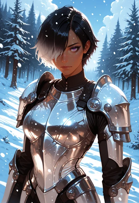 1girl, white armor, , solo, black hair, short hair, hair over one eye, looking at viewer, purple eyes, outdoors, upper body, breastplate, shoulder armor,, makeup, day, sky, , cloud, , white shoulder plates, white pauldrons, breasts, , eyelashes, scar on nose, closed mouth, forest, blue sky, one eye covered, tan, reflective, dark-skinned female, silver trim, silver sunlight, shade, day, gradient hair, white_hair, snowing, winter, snow, cowboy shot, silver_bodysuit, metallic_bodysuit, freckles, hill
.<lora:newrimixL:1>, <lora:Detailer_NoobAI_Incrs_v1:0.75>, masterwork, masterpiece, best quality, dynamic lighting , dynamic pose,, dynamic angle, , , (lineless:1.2), detailed, depth of field, dynamic lighting, blurry, (cheekbones:0.75),
<lora:zy_illustrious_Realism_Enhancer_v1:0.5> adult, aged up,
