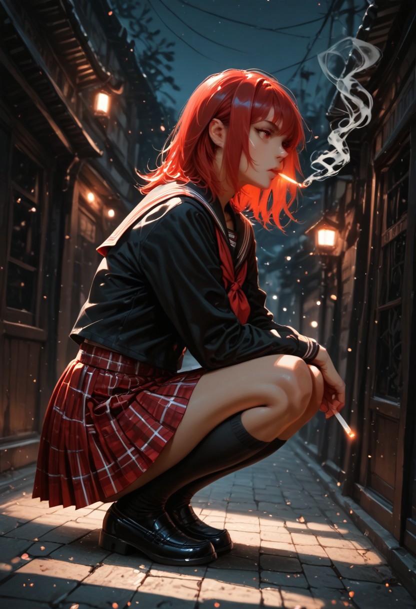 Smooth Quality.
1girl, cigarette, solo, skirt, smoking, squatting, school uniform, night, socks, outdoors, black socks, serafuku, red eyes, sailor collar, black footwear, sky, pleated skirt, red hair, shoes, smoke, long sleeves, blurry, plaid, medium hair, plaid skirt, kneehighs, shirt, night sky, loafers, red neckerchief, blurry background, full body, neckerchief, black shirt, from side, masterwork, masterpiece, best quality, dynamic lighting , dynamic pose,,  dynamic angle, , , (realistic:1.2), (lineless:1.2), detailed, <lora:Detailer_NoobAI_Incrs_v1:1>,
BREAK
<lora:Smooth_Booster:0.5>, <lora:ponyv6_noobV1_2_adamW:0.2>​​​
rimixa, zPDXL3, detailxl, Score_PnyReal, (lineless:1.5)