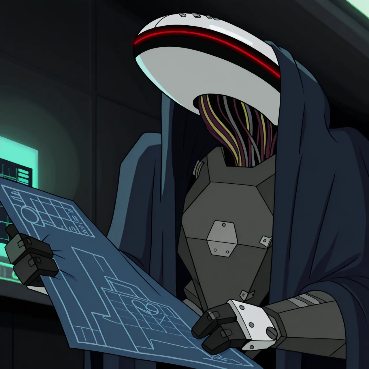 toon \(style\), ultra detailed, raytracing, masterpiece, best quality, highres, absurdres, upper body, itcond1, solo, robot, big white head, blue cape, hood up, no eyes, no mouth, neck of wires, glowing red line facial mark, (holding blueprint \(object\):1.5), <lora:itcond1illu_ep10:1>