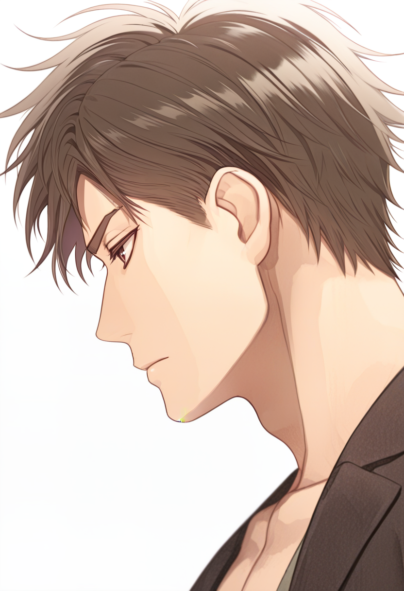 embedding:SmoothNoob_Quality, 1boy, mrk4_hjm3, brown_mhjm3_hair, brown_mhjm3_eyes, mature male, male focus, anime coloring, muscular male, white background, from side, profile, looking afar, close-up,