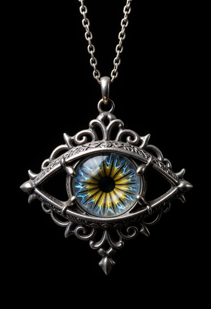 A silver pendant in the shape of an eye, its iris made from a swirling, pearlescent gemstone that shifts in color depending on the light. The intricate chain is impossibly fine, almost weightless, yet unbreakable. When held up to the moon, the gemstone reflects not just the light, but glimpses of unseen figures in the shadows. The closer one listens, the fainter the whispers become, as if the amulet holds secrets that refuse to be spoken.
   , aidmamjv7, aidmaHyperrealism, aidmaimageupgrader