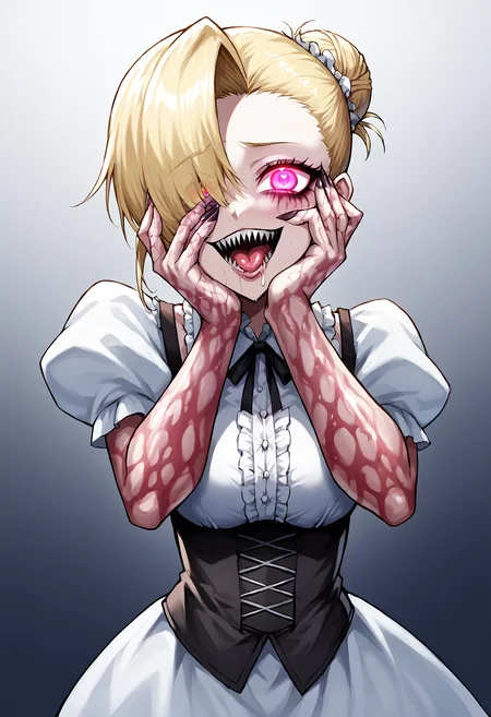score_9, score_7_up, source_anime, uncensored, zPDXLxxx, <lora:intricate_details:1> intricate_details_xl, gradient background, (monstrous:1.25) two-tone background
1girl, solo, ojou-sama pose, blonde hair, single hair bun, long hair, hair over one eye, mohawk, crazy eyes, glowing eyes, looking at viewer, dirndl, sharp teeth, drooling
<lora:Yandere_Expression_v1.0:1> Yandere trance, hands on own face, hands on own cheeks, naughty face, heart-shaped pupils