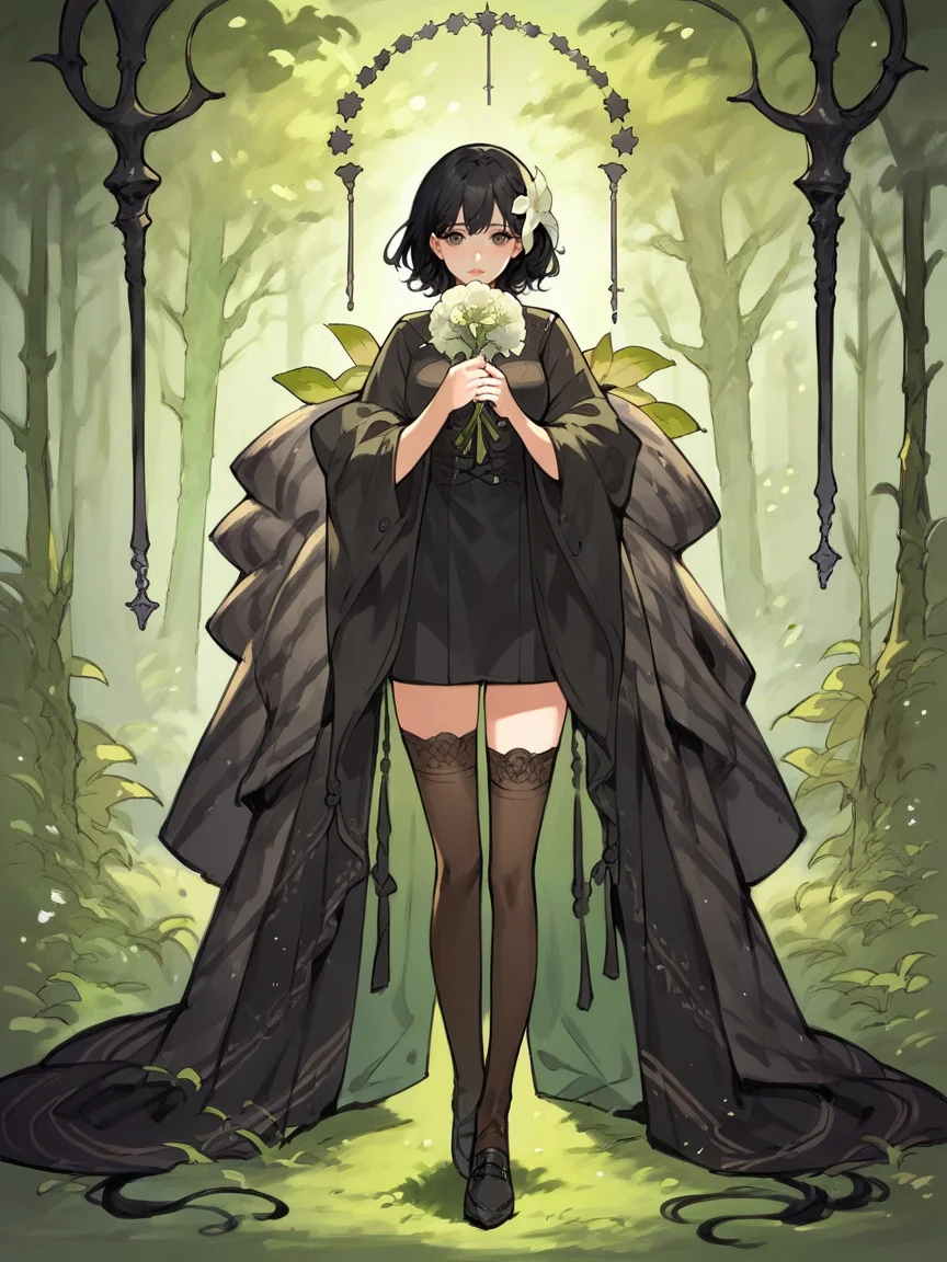 score_9, score_8_up, score_7_up, score_6_up, score_5_up, shawl, holding flower, tarot, thighhighs, black hair, nature, 1girl <lora:4t4rXLP:0.8> 4t4r