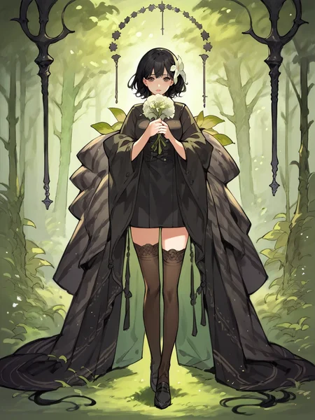 score_9, score_8_up, score_7_up, score_6_up, score_5_up, shawl, holding flower, tarot, thighhighs, black hair, nature, 1girl <lora:4t4rXLP:0.8> 4t4r