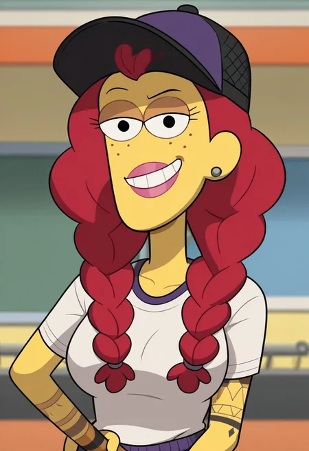 score_9, score_8_up, score_7_up,perfect face,show accurate,screen cap,black dot eyes,Nancy Green from Big City Greens,short twin braids,red hair,light yellow skin,,looking at viewer,black dot eyes,medium breasts,smug face,,full clothed,purple baseball cap,white shirt with black stripes from top to bottom
,baseball face paint,,baseball bat in hand,sport shorts , oiled body,, , , upper body,mature woman, milf, tattooed left arm,smirk,black paint in face,trying to cover her breasts
two black lines drawn under the eyes