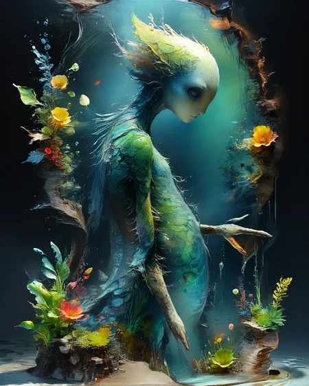 beautiful water elemental, (transparency:1.8), emerging from a pool of water, colorful organic bioluminescent patterns, full body, hyperrealistic, ultra resolution, professional photo, Jean-Baptiste Monge Style page <lora:add-detail-xl:0.8> <lora:xl_more_art-full_v1:0.5> <lora:Jean-Baptiste Monge Style:1>