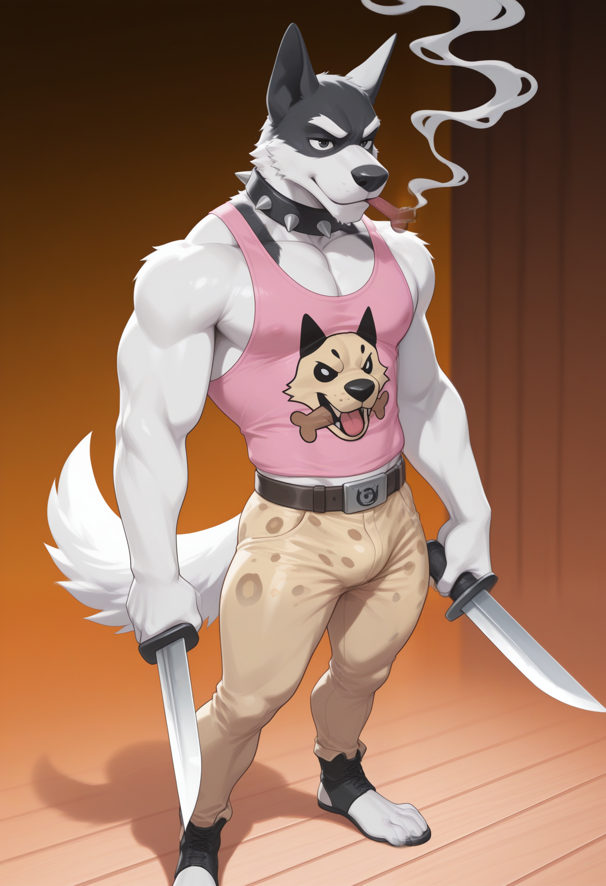 masterpiece,best quality,amazing quality, 1boy, solo, d0gg0, furry male, black mask, brown belt, dog treat, graphic on shirt, knife, knives, leopard pants, pink tank top, smoking, spiked collar, white tail,