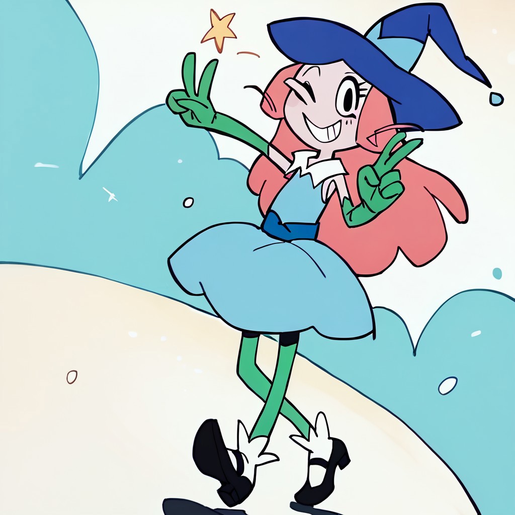 score_9, score_8_up, score_7_up BREAK LoveWitch, 1girl, long fuchsia hair, black eyes, blue witch hat, light blue hat band, white-collared sleeveless light blue dress, blue belt, long green gloves, green stockings, white socks, black mary jane shoes, cowboy shot, hands peace sign, smiling, winking,