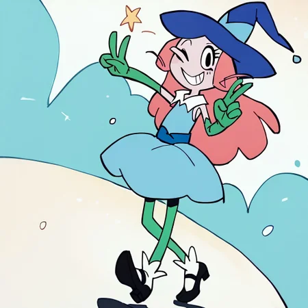 score_9, score_8_up, score_7_up BREAK LoveWitch, 1girl, long fuchsia hair, black eyes, blue witch hat, light blue hat band, white-collared sleeveless light blue dress, blue belt, long green gloves, green stockings, white socks, black mary jane shoes, cowboy shot, hands peace sign, smiling, winking,