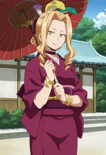 source anime,anime screencap,anime coloring,intricate details,fake screenshot,masterpiece, best quality, very aesthetic, dramatic lighting, illustration,
uncensored,
BREAK,
uwabami, uwabami \(horikoshi kouhei\) , 1girl, yellow eyes, blonde hair, jewelry, bracelet,lipstick,nail polish, long hair,makeup,hair ornament, drill hair, snake hair ornament,snake,choker,
kimono, japanese clothes,
sweat,
perfect face, beautiful eyes, beautiful face,perfect anatomy,
BREAK,
standing, smile, looking at viewer, holding oil-paper umbrella, cowboy shot,
BREAK,
Detailed Background, scenery, outdoors, east asian architecture, japanese temple,
<lora:Uwabami_by_Nyx_for_Illu:0.9> <lora:modern_anime_screencap_v1_0:1>