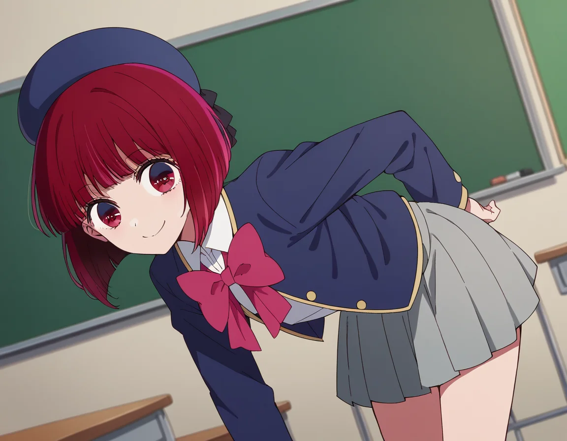 score_9, score_8_up, score_7_up, source_anime,
kanaarima, <lora:kana-arima-s1-ponyxl-lora-nochekaiser:1>,
kana arima, short hair, bangs, red eyes, red hair, bob cut, smile,
skirt, long sleeves, hat, bow, school uniform, jacket, pink bow, grey skirt, blue headwear,
indoors, classroom, bent over, smile,
looking at viewer, cowboy shot, dutch angle,