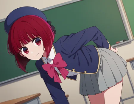 score_9, score_8_up, score_7_up, source_anime,
kanaarima, <lora:kana-arima-s1-ponyxl-lora-nochekaiser:1>,
kana arima, short hair, bangs, red eyes, red hair, bob cut, smile,
skirt, long sleeves, hat, bow, school uniform, jacket, pink bow, grey skirt, blue headwear,
indoors, classroom, bent over, smile,
looking at viewer, cowboy shot, dutch angle,