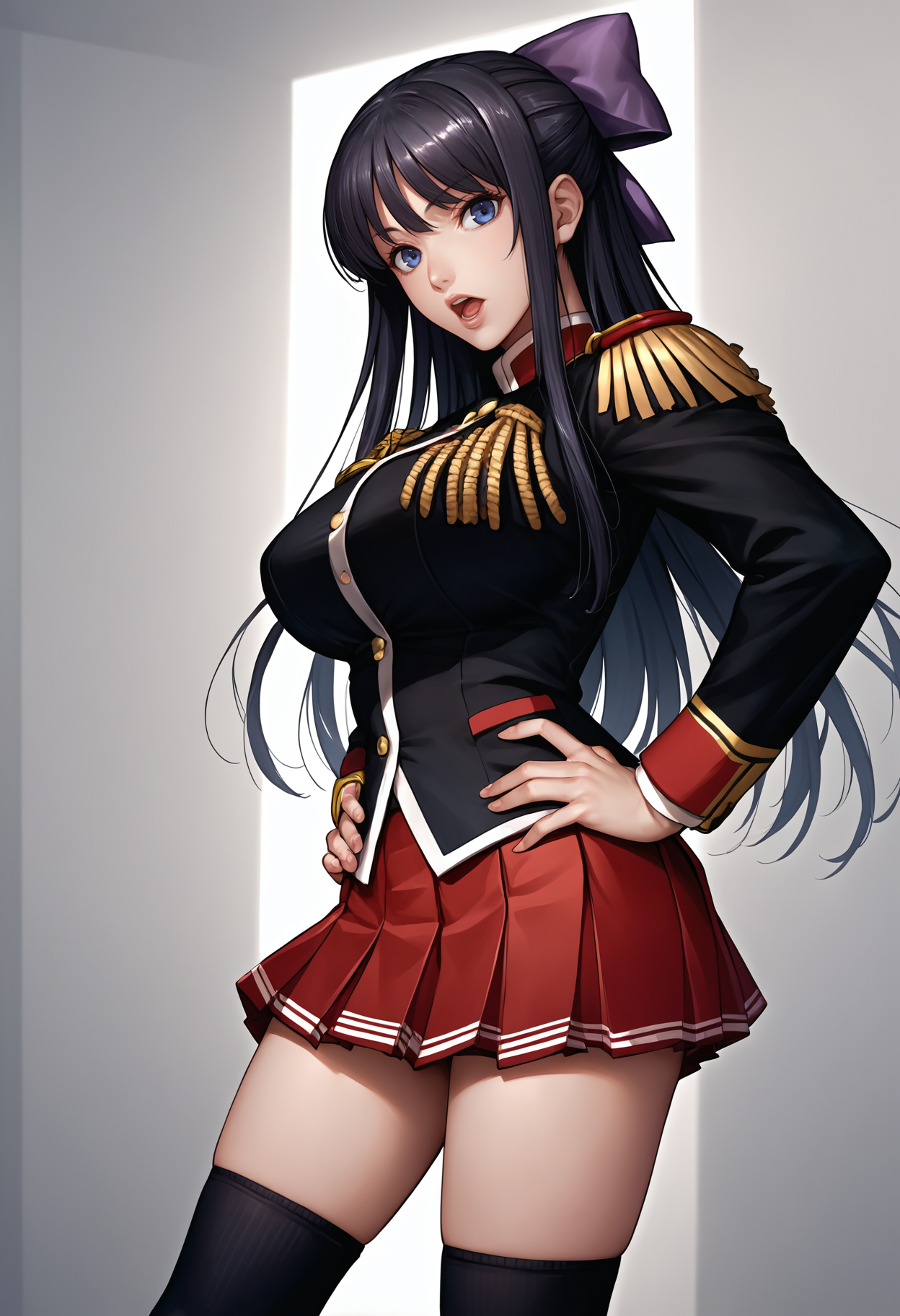 score_9, score_8_up, score_7_up, source_anime BREAK 1girl, solo, <lora:akaneryuuzouji-wr-richy-v1_pdxl:1> knrzj, blue eyes, black hair, long hair, hair bow, large breasts, school uniform, epaulettes, black shirt, long sleeves, red skirt, thighs, knee highs, standing, hands on hips, looking at viewer, open mouth, lips