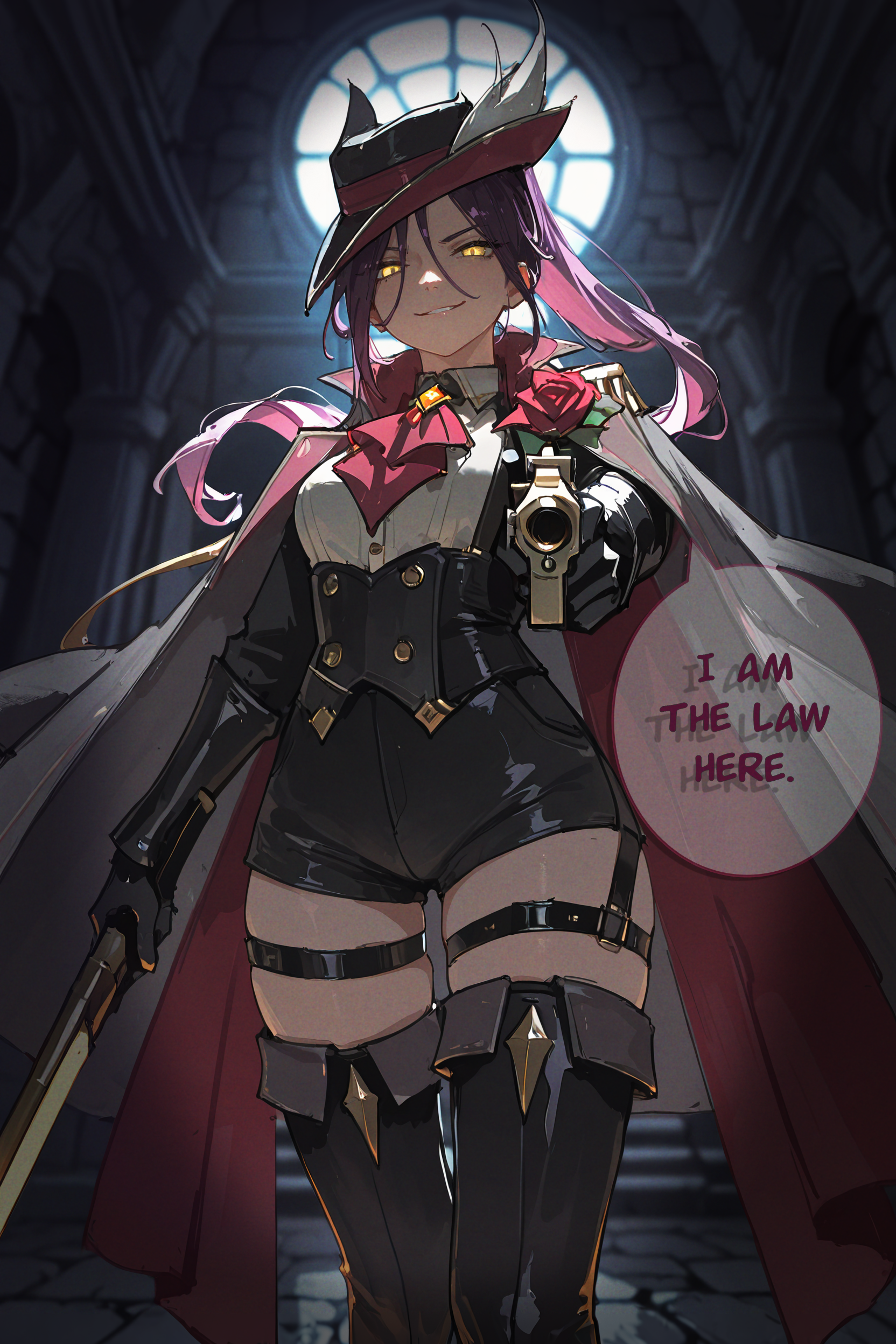 masterpiece, best quality, very aesthetic, newest, absurdres, highres,
1girl, solo, 
upper body, 
 <lora:CloriRedYellowPurpleVerIllustriousV1:1> cloriredyellowpurplever, long hair, purple hair, yellow eyes, ponytail, hat, gloves, red ascot, rose, red scarf, gray cape, thigh boots, short shorts, black shorts, thigh strap,
(from below:1.3), smirk, looking at viewer, holding weapon, aiming at viewer, 
lens flare, dim lighting, rim lighting, sunlight, glowing theme, perspective, fisheye, blurry background, backlighting, dark background, glowing background, indoors, stone walls, dutch angle, 
<lora:MoriiMee_Gothic_Niji_Style_Illustrious_r1:0.3> artist:moriimee   <lora:dino_dinoartforameILL:0.5> dino_(dinoartforame)  <lora:washiya0:0.3>  <lora:96YOTTEA-WAI:0.3>