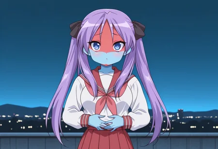 masterpiece,best quality,newest,very aesthetic,highly detailed,high resolution,absurdres,highres,depth of field,super detailed skin,very awa,Anime,anime coloring,anime screencap, {Prompt}, BREAK, depth of field, volumetric lighting, ((blue skin)) , ((shocker, colored skin)), looking at viewer, <lora:shocker_IL:1>, large breasts, daytime, bright lighting, (masterpiece, best quality, amazing quality,, <lora:kagami-hiiragi-s1-illustriousxl-lora-nochekaiser:1>, kagami hiiragi, long hair, blue eyes, ribbon, twintails, hair ribbon, purple hair, anime screencap, skirt, long sleeves, school uniform, pleated skirt, serafuku, sailor collar, neckerchief, red skirt, ryouou school uniform,, city skyline, rooftop view, night time, city lights, quiet reflection, , hands on stomach, blush, looking at viewer, solo,, cowboy shot, solo, blue skin, colored skin)