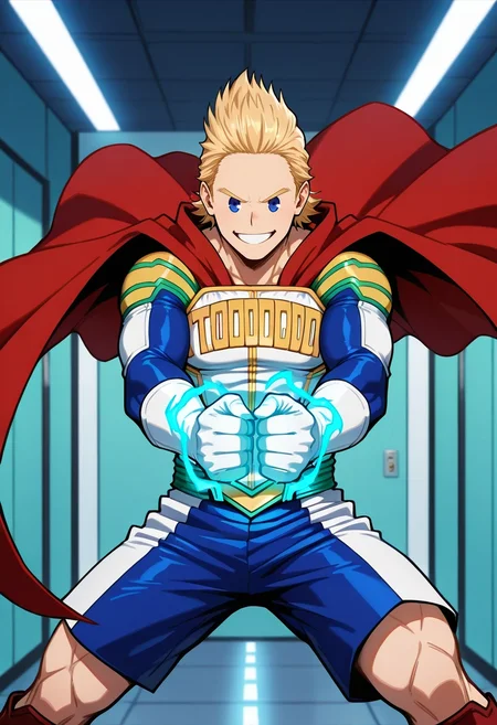 masterpiece, best quality, intricate details, (photorealistic:0.6), , 1boy, solo, male focus, <lora:mirio_toogata_ilxl:0.92>, mirio_toogata, blonde hair, blue eyes, short hair, spiked hair, bodysuit, superhero, red cape, straight-on, energy plant, indoors, (dynamic pose), happy, Pleated shorts, Geometric CinnamonBrown Poplin Bomber jacket, Moccasins, Boater hat,