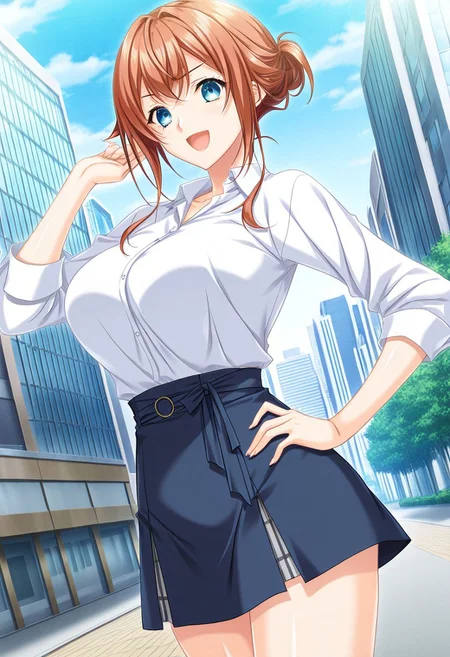 general,highres, ultra-detailed,very aesthetic,best quality ,best hands,masterpiece, best quality, newest, highres, score_9, score_8_up, score_7_up, source_anime, rating_explicit,1girl, yokota mamoru style,motion lines,,Very straight nose,slim,slender face,perfect nose
hanasaki koharu, blue eyes, orange hair,side hair,slim,big breasts,long hair, chest lenth hair,sidelocks
anime screencap,
chest lenth hair,chest lenth hair,,smile,open mouth,hand on hip,dynamic anglre, dutch angle,,city,outdoors,shirt,skirt