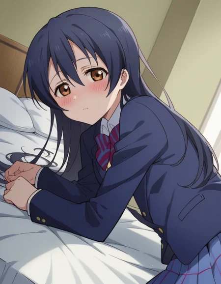 score_9, score_8_up, score_7_up, source_anime, <lora:umi-sonoda-s1-ponyxl-lora-nochekaiser:1>, umi sonoda, long hair, bangs, hair between eyes, brown eyes, blue hair,, skirt, school uniform, jacket, blazer, winter uniform, otonokizaka school uniform,, indoors, bed, bed room, on side, blush, drunk, looking at viewer, solo,, cowboy shot, dutch angle