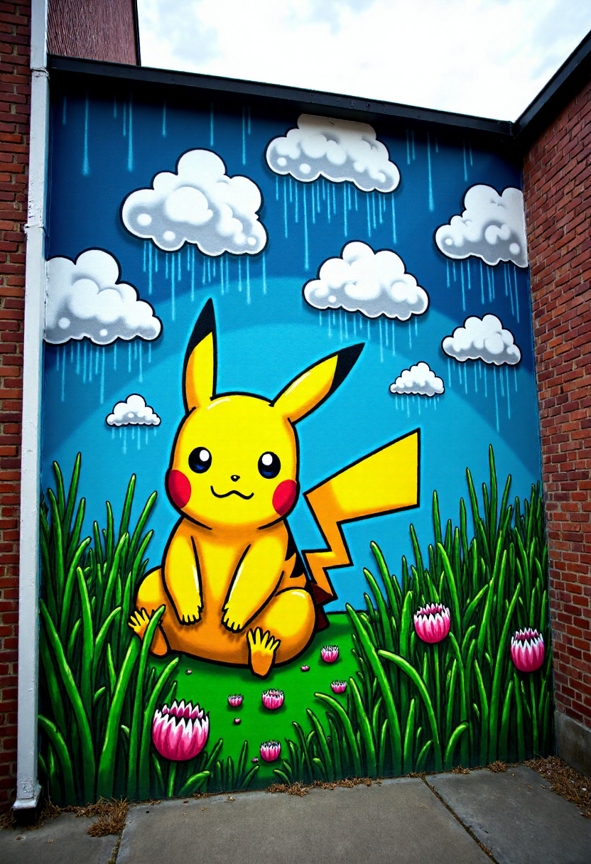 <lora:Brick_Wall_Graffiti_FLUX:1>
This photograph captures a vibrant, detailed mural on a wall, painted in a bold, cartoonish style. The mural features a stylized depiction of  pikachu sitting down looking sad in a rainy field