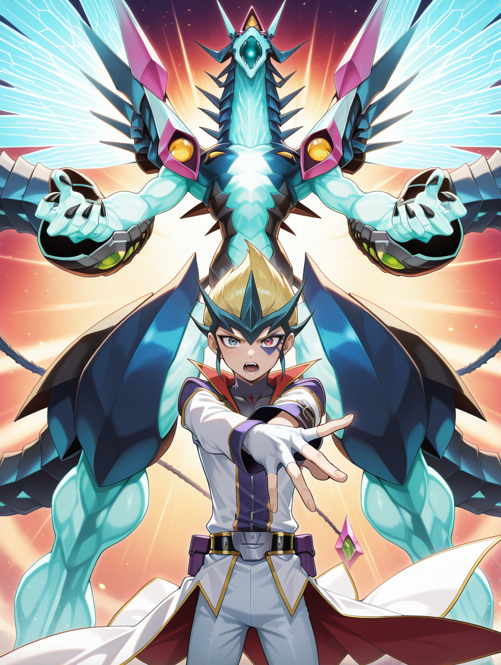 kite tenjo,galaxy-eyes prime photon dragon,1boy,open mouth,male focus,heterochromia,facial mark,teeth,looking at viewer,1other,sharp teeth,single white fingerless glove,white coat,white pants,belt pouch,blue mecha dragon,outstretched hand,
masterpiece,best quality,amazing quality,very aesthetic,absurdres,newest,<lora:Galaxy-Eyes Prime Photon Dragon illuXL v2.3:0.75>,