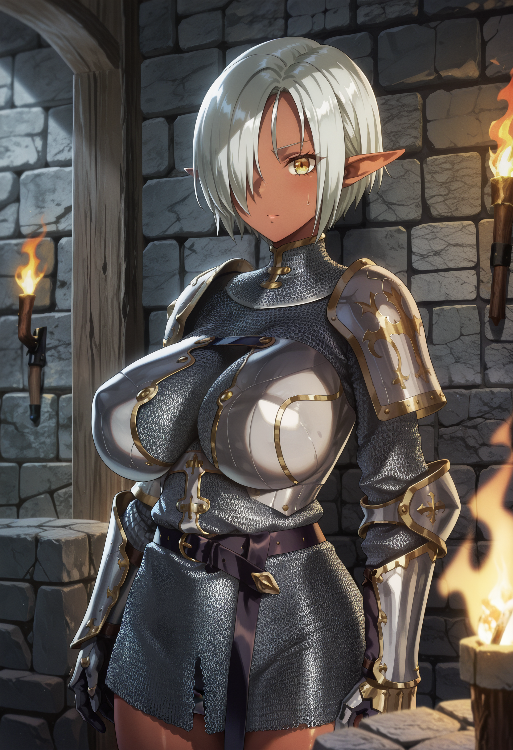 1girl, solo, (chainmail:1.3), Wiora Auris, silver hair, short hair, hair over one eye, yellow eyes, dark-skinned female, elf, large breasts, gauntlets,
indoors, stone wall, torch,
best quality, very aesthetic, masterpiece,