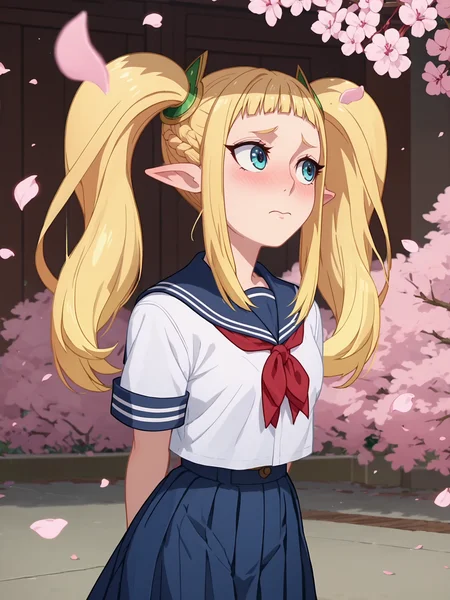 score_9, score_8_up, score_7_up, score_6_up, score_5_up, score_4_up, anime screencap,
1girl, filimos <lora:filimos_harrifenas-PD-1.0:1>,
(school uniform), cherry blossoms, arms behind back, blush, looking away, embarrassed, floating petals, wind, confession