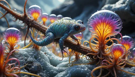 {"T5": ",A highly detailed 16:9 landscape photograph of a crystalline lung amphibian in an icy tundra expanse. The amphibian, with intricate, glistening skin, uses a sticky branch to catch flies, creating a harmonious and musical scene. Bizarre alien plants with vibrant, otherworldly colors and unique shapes prominently fill the scene, adding to the alien ambiance. The image is framed with careful composition, considering rule of thirds and golden ratio, and captured in a wide-angle perspective to emphasize the vast, icy tundra backdrop.,", "CLIP-L": ",crystalline lung amphibian, icy tundra, sticky branch, fly catching, harmonious, musical, bizarre alien plants, 16:9 landscape, highly detailed, intricate textures, glistening skin, vibrant colors, otherworldly shapes, wide-angle perspective, rule of thirds, golden ratio composition,"}
<lora:alienplants-000015:0.85>