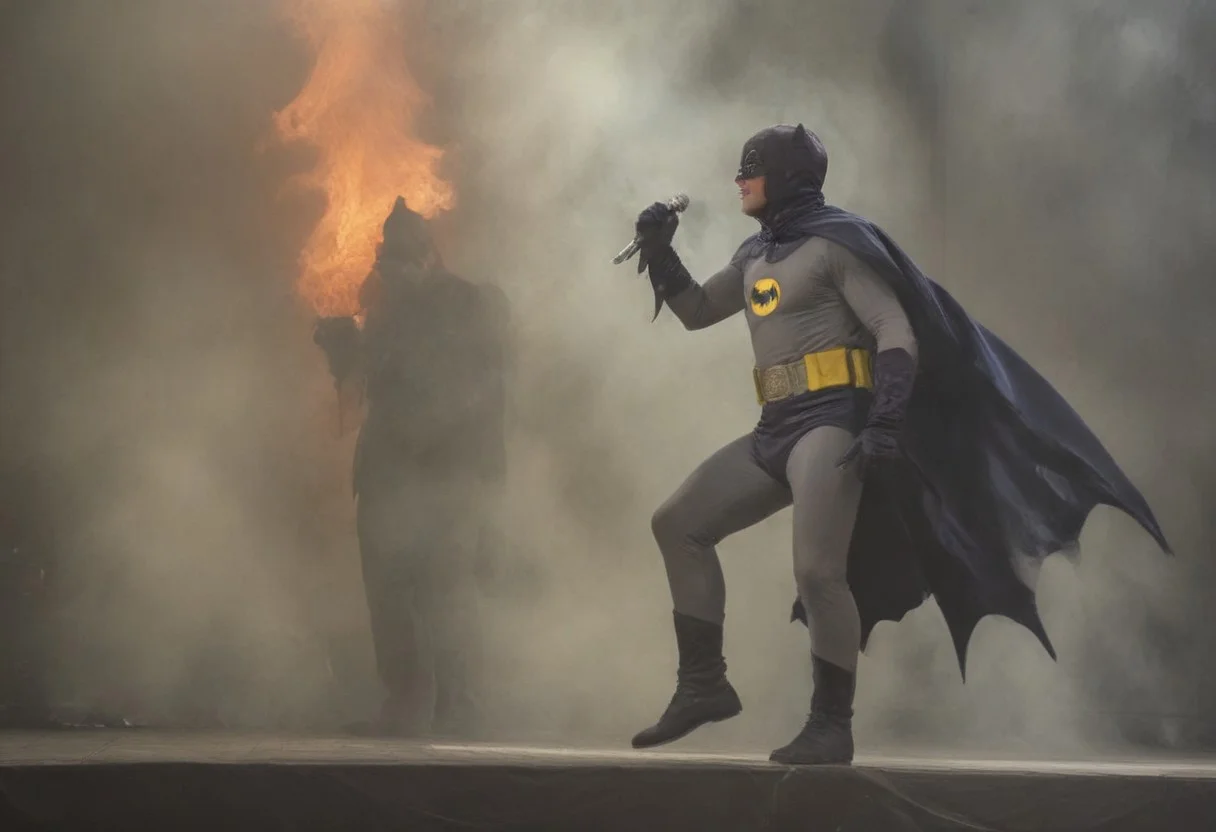 Masterpiece, High quality, batman1966 style, batman, on a stage, performing during a concert, rap, flame and steam on the background, view from front, hip hop, microphone