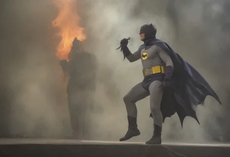Masterpiece, High quality, batman1966 style, batman, on a stage, performing during a concert, rap, flame and steam on the background, view from front, hip hop, microphone