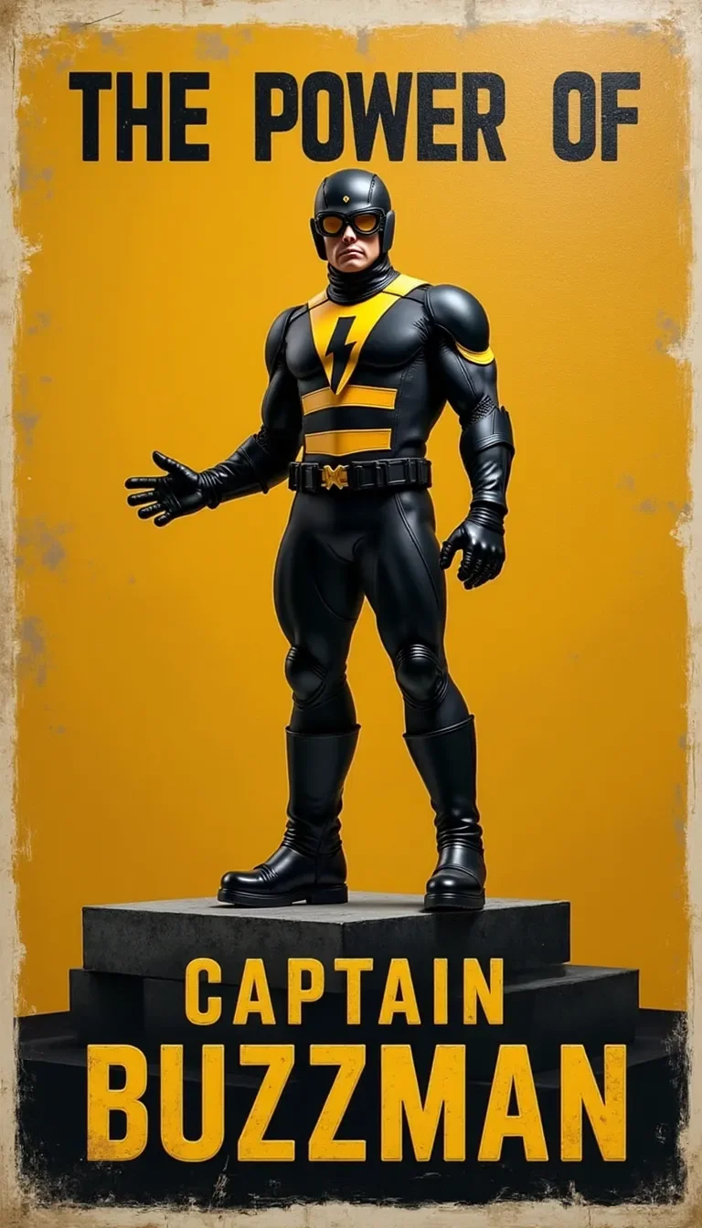 Oil painting, classic style, highly detailed. The background is simple: a 1950s-style poster of a superhero in a black and yellow costume, standing proudly with his arms outstretched, staring menacingly at the viewer. At the bottom of the poster, written in large letters, is the words: “CAPTAIN BUZZMAN”. The top of the poster reads: “THE POWER OF BUZZ”. High resolution, 8K.
