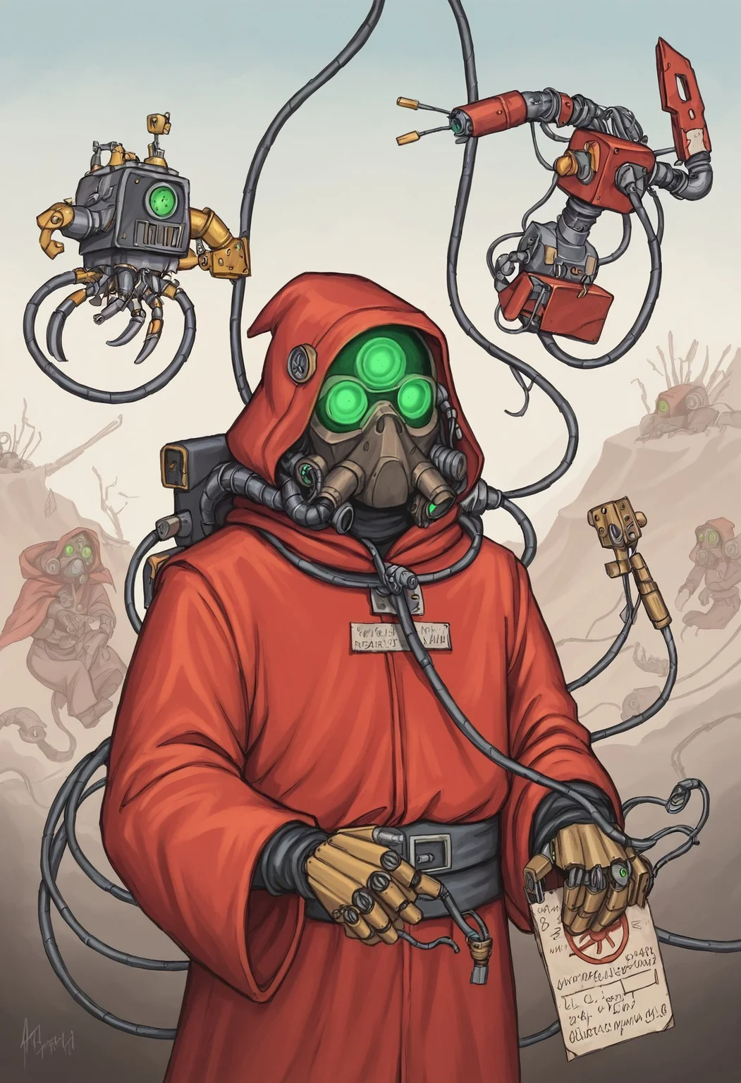 score_7_up, score_6_up, a20t43c-dh, traditional media BREAK, admech, hood, mask, glowing, tube, cable, glowing green eyes, goggles, red robe, gas mask, mechanical hands, wires, machinery <lora:Artist_Style_-_a20t43c:1> <lora:add-detail-xl:0.3> <lora:Admech:0.7>