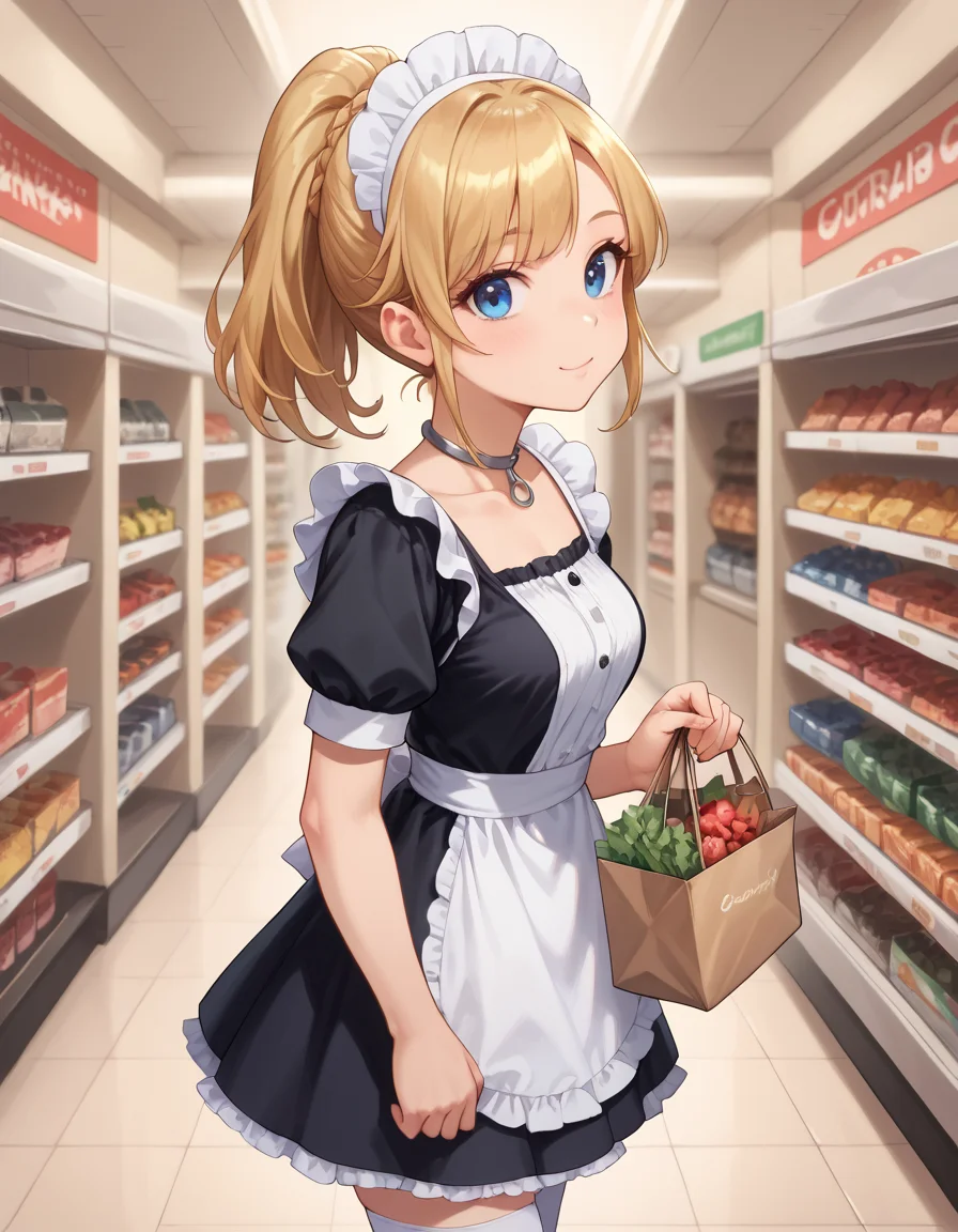 score_9, score_8_up, score_7_up, score_6_up, best_quality, side view, ultra-detailed, masterpiece, 1girl, solo, score_9_up, score_8_up, score_7_up, score_6_up, cute face, etern1ty, c0llar-with-r1ng, silver choker, detailed and beautiful face, detailed and beautiful eyes, cute girl, blonde, ponytail, blue eyes, medium breasts, maid outfit, white stockings, looking at viewer, walking, shopping mall, (carrying shopping:1.2)