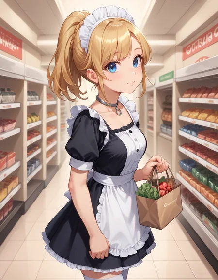 score_9, score_8_up, score_7_up, score_6_up, best_quality, side view, ultra-detailed, masterpiece, 1girl, solo, score_9_up, score_8_up, score_7_up, score_6_up, cute face, etern1ty, c0llar-with-r1ng, silver choker, detailed and beautiful face, detailed and beautiful eyes, cute girl, blonde, ponytail, blue eyes, medium breasts, maid outfit, white stockings, looking at viewer, walking, shopping mall, (carrying shopping:1.2)