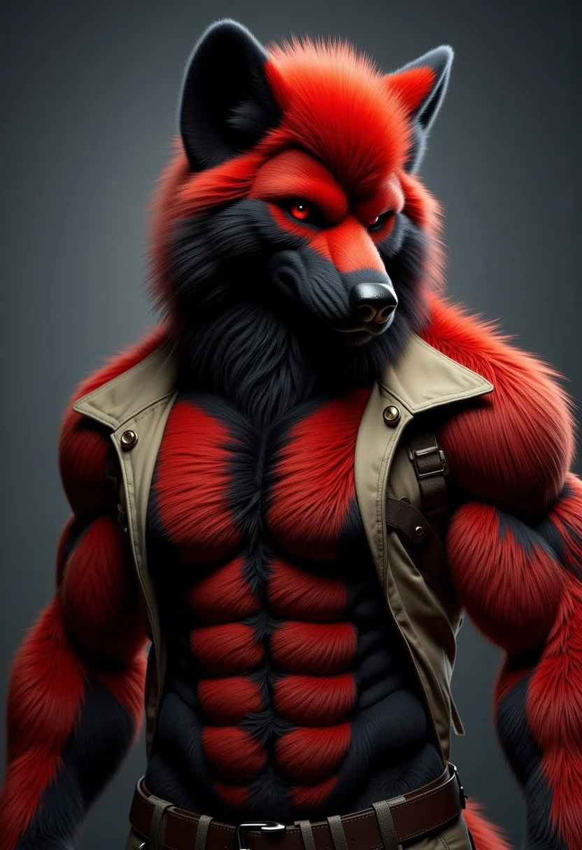 Extremely muscular male African wild dog, oversized biceps, oversized triceps, six pack, realistic, huge shoulders, oversized pectoral muscles, red skin, focus on ripped shirt, werewolf transformation, focus on close up of arm muscles, focus on arm muscles, extremely detailed,