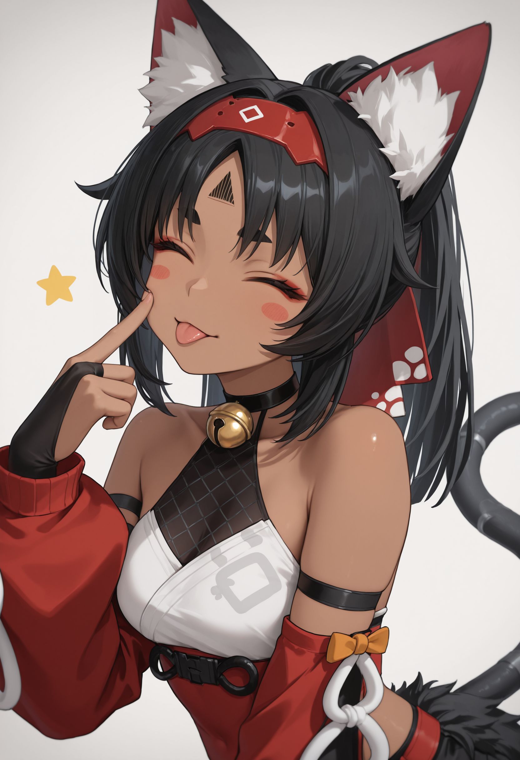 masterpiece, best quality, newest, (realistic:0.5), solo, looking at viewer,
 1girl, animal ears, black hair, tongue out, dark skin, neck bell, star (symbol), closed eyes, white background, animal ear fluff, long hair, cat tail, dark-skinned female, red hairband, simple background, breasts, facial mark, ponytail, gloves, blush stickers, detached sleeves, bridal gauntlets,, thick eyebrows, :p, eyelid pull, jingle bell, upper body,, cat girl, akanbe <lora:Nekomiya v2 illu:1> 1girl, dark-skinned female, long hair, black hair, red eyes, facial mark, animal ears, animal ear fluff, cat girl, multiple cat tail, double cat tail, ponytail, neck bell, jingle bell, bell, choker, white top, bare shoulders, red jacket, detached sleeves, black fishnet, black shorts, red bottom, belt, pouches, arm warmers,