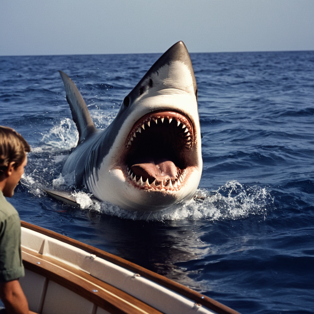 cinematic film still of  <lora:1970's style:1>
In the 1970's a shark is in the water with its mouth open eating a boat from a jaws movie scene,open mouth,teeth,water,no humans,ocean,sharp teeth,realistic,watercraft,ship,shark , realistic,realism, detailed, perfection,perfect,filmic,retro,vintage,classic,different haircut,different look,different style,different people, 1970's style , 1970 style, shallow depth of field, vignette, highly detailed, high budget, bokeh, cinemascope, moody, epic, gorgeous, film grain, grainy
