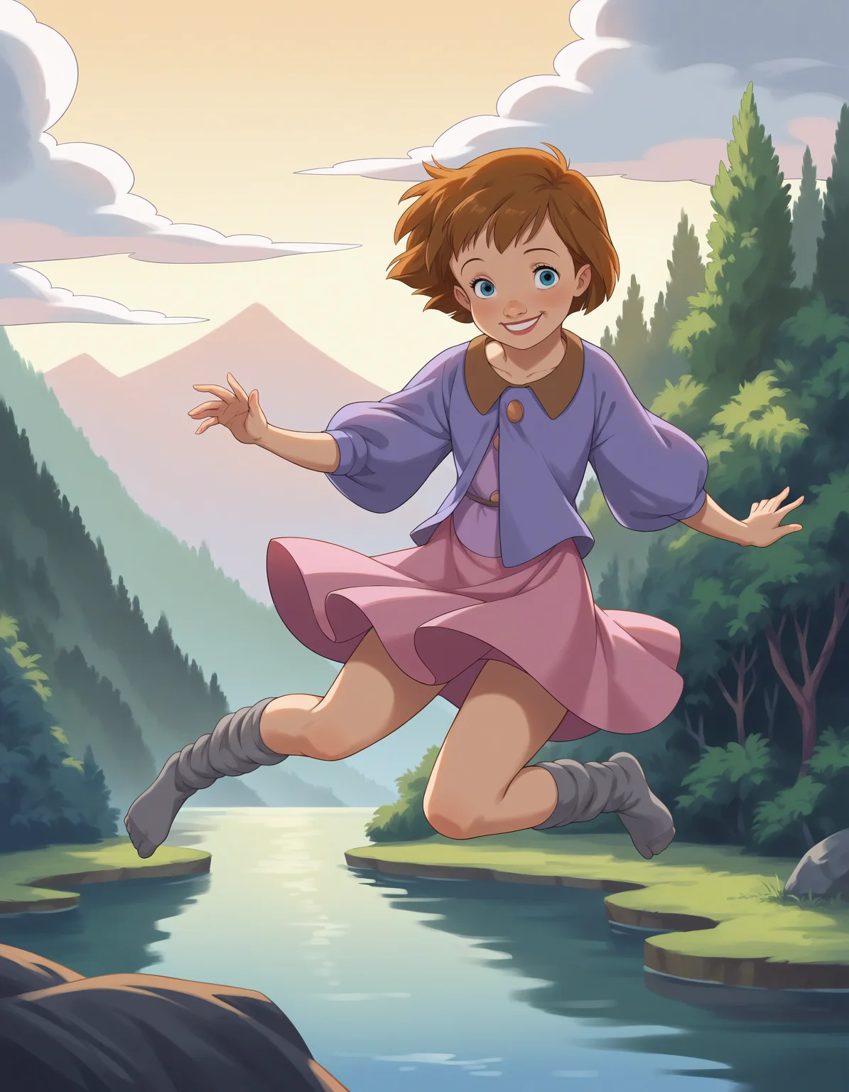 score_9, score_8_up, score_7_up, score_6_up, score_5_up, score_4_up, anime style, (masterpiece, high detail:1.4), (from the front:1.2),
1girl, jane (peter_pan), brown hair, short hair, blue eyes, dress, long pink skirt, 1980s (style), slouched socks, grey socks, ankle socks, no shoes,
full body, jumping, mid-air, smiling, looking at viewer,
outdoors, beautiful sea, trees
<lora:jane_peter_pan-10:1>