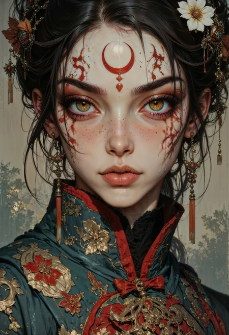 a highly stylized portrait of a woman with a traditional and artistic appearance. The subject has a pale complexion with intricate face paint, including a red crescent moon on the forehead and red accents around the eyes. The eyes are striking with a golden hue, adding intensity to the expression. The hair is dark, adorned with delicate ornaments and a white flower, enhancing the traditional aesthetic. The attire is a richly patterned garment with intricate designs in muted colors, featuring red and gold accents. The overall composition is dramatic and visually captivating, with a focus on cultural and artistic elements.
