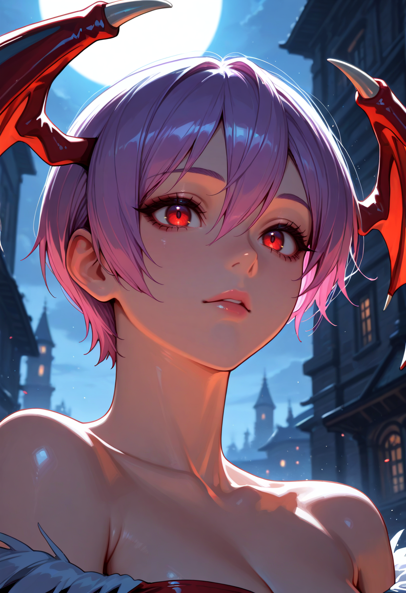 masterpiece, newest, absurdres, best quality, hires, 1girl, lilith aensland \(darkstalkers\), outdoors, portrait, volumetric lighting