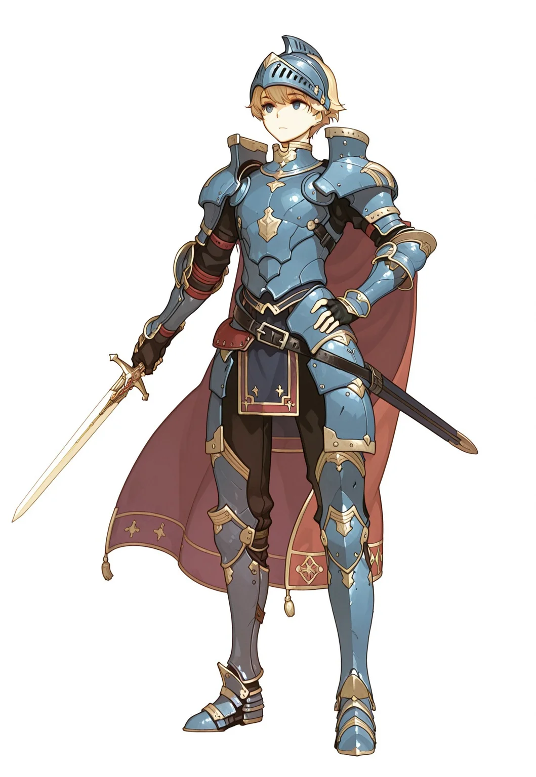 masterpiece, best quality, very aesthetic, absurdres,
full body, solo, 1boy, male focus, johann \(fantasica\), knight,
blue eyes, blonde hair, short hair,
full armor, red cape, helmet, gorget, breastplate, pauldrons, rerebrace, couter, vambraces, fingerless gloves, faulds, loose belt, black pants, armored boots, poleyn, greaves, sabaton,
holding sword, scabbard,
looking ahead, standing, hand on own hip, closed mouth, expressionless,
white background,
FE-Sh4d0ws