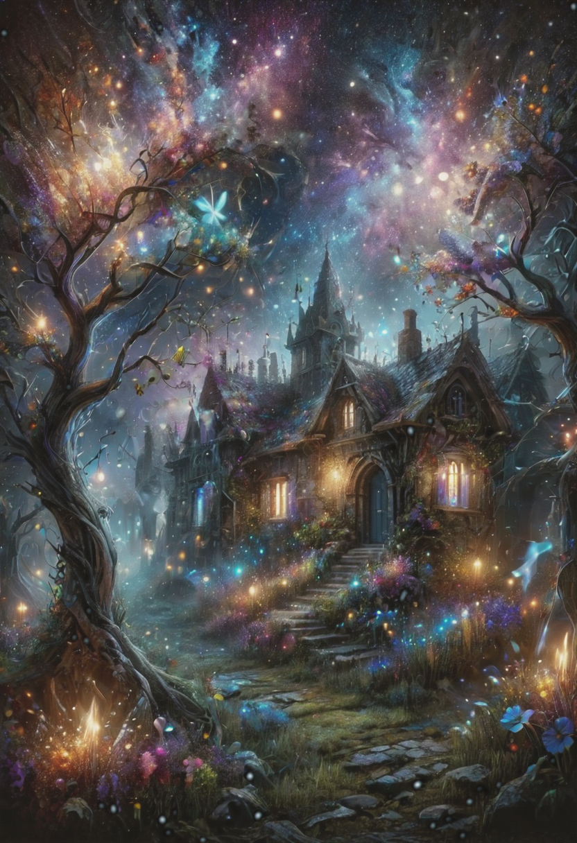 Medieval village at night, starry sky, hyperrealistic, highly detailed, realistic detailed trees, realistic detailed grass, sharp focus, very realistic highly detailed scenery, stunningly beautiful, intricate, ultra sharp, HDR, 32K, soft lightning,  <lora:add-detail-xl:2> realistic very detailed (fireflies:1.2), very realistic highly detailed (colorful flowers:2.6), highly detailed (purple blue sky:1.6), vibrant colors  <lora:ral-mtclniscp-sdxl:1> ral-mtclniscp  <lora:ral-glitter:0.8> ral-glitter,  ral-dstgrtptrn <lora:ral-dstgrtptrn-sdxl:0.6>